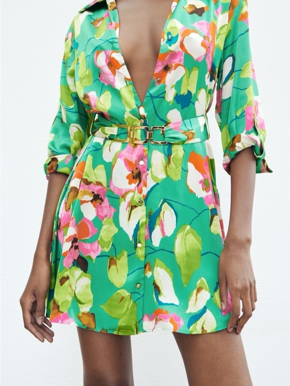 Zara Floral Shirt Dress | Green Multi-Color Print | Size M | Statement Piece